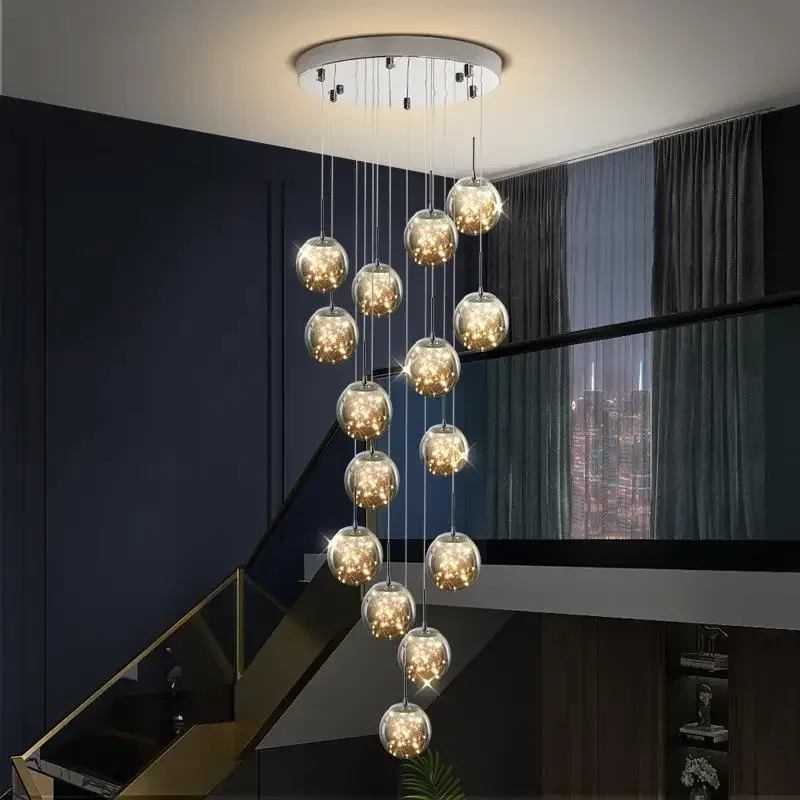

Современная светодиодная люстра, подвесной светильник со стеклянными шариками и регулируемой яркостью для лестницы, гостиной, домашний декор, дизайнерские светильники с подвеской