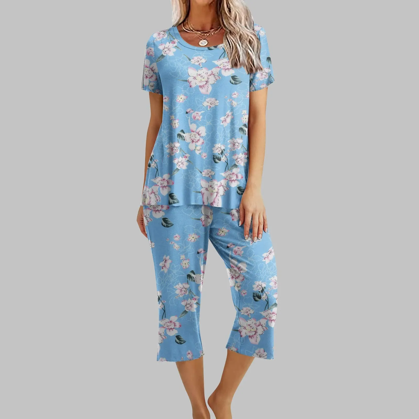 

Пижамный комплект женский с коротким рукавом, пижама-капри, мягкая удобная летняя одежда для сна, комплект с карманами, брюки, штаны