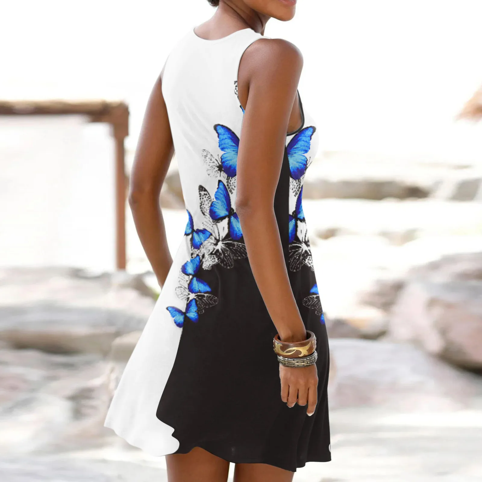 

Women Tunics Dresses Women Summer Loose Dress Sleeveless Floral Print V Neck Hollow Out Sundress Casual Black Long Maxi Dress