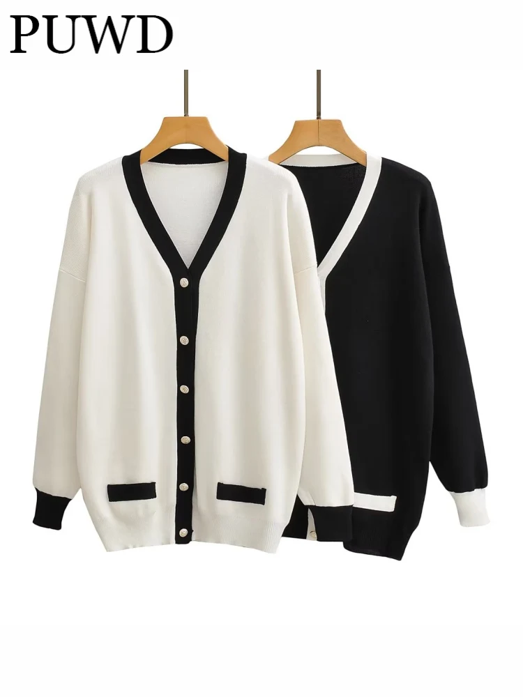 

PUWD Women Panelled Cardigan Sweater 2022 Fall/Winter Ladies V Neck Knit Jacket Front Buttons Loose Female Outerwear Chic Tops