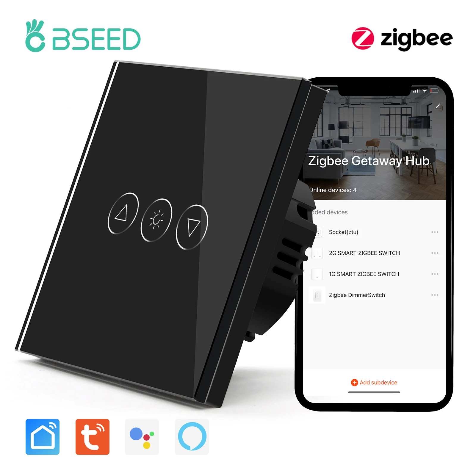 

Диммер BSEED Zigbee, Настенный умный сенсорный выключатель с регулируемой яркостью, 1 клавиша, 1 канал, Google Alexa