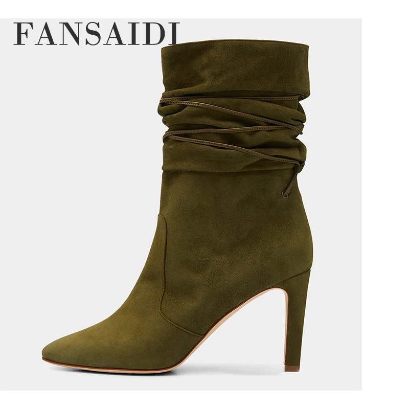 

FANSAIDI 2022 Winter Sexy Pointed To Stilettos Heels Green Ankle Boots Clear Heels Pointed Toe Zipper Female Boots New 41 42 43