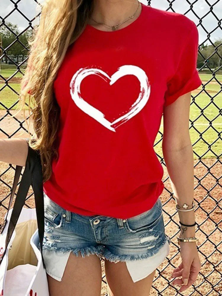 

Women T-shirts Casual Harajuku Love Printed Tops Summer Female T Shirt Hearts Elastic Stretched Tee Short Sleeve Black Red