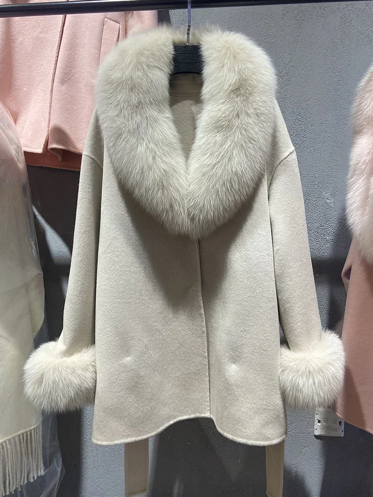 

Женская двухсторонняя шерстяная куртка, теплая Весенняя белая куртка ручной работы с воротником из натурального меха лисы, 2023