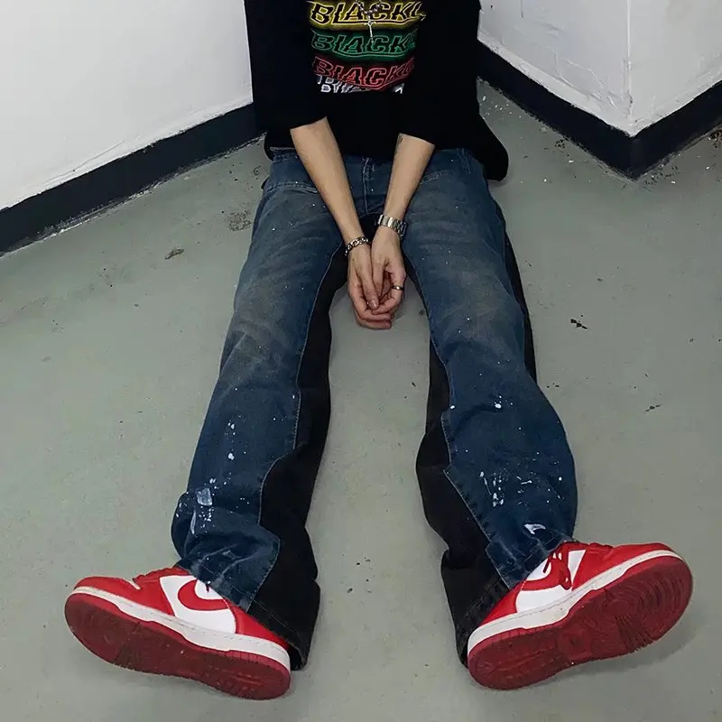 2022 Ink Splash Patchwork Hip Hop Baggy Men Flare Jeans Pants Vintage Loose Straight Punk Goth Denim Trousers Pantalones Hombre