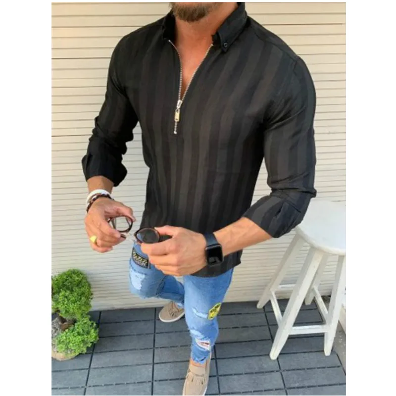 New Men's Long Sleeve Lapel Striped Zip Shirt