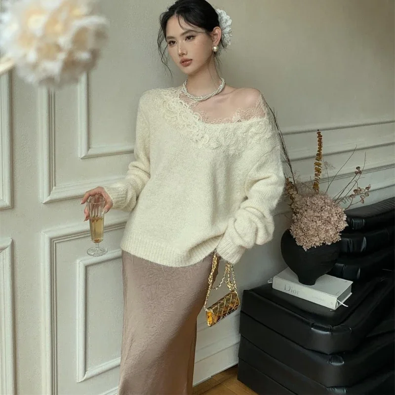 Korean Chic Sweet Lace Patchwoek V-neck Loose Pullovers Long Sleeve Casual Temperament Sweaters Women 2024 Fall Winter Jumpers