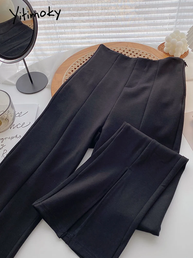 

Yitimoky Flare Pants Women Front Split High Waisted Ladies Trousers 2022 Spring Autumn Fashion Black Suit Trousers Side Zipper