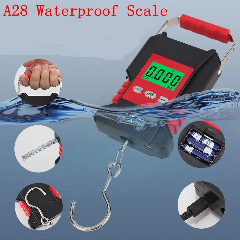 

50KG Portable Waterproof Fishing Scale Hunting Luggage Home Weighing 1.5M Tape Digital Recharged Hanging Hook Scales Backlight