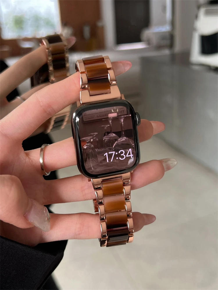 Korea Cool Resin + Metal Strap For Apple Watch Band 41mm 45 44 40 42 38 mm Woman Girl Band For Iwatch Series 7 6 Se 5 4 3 2 Gift