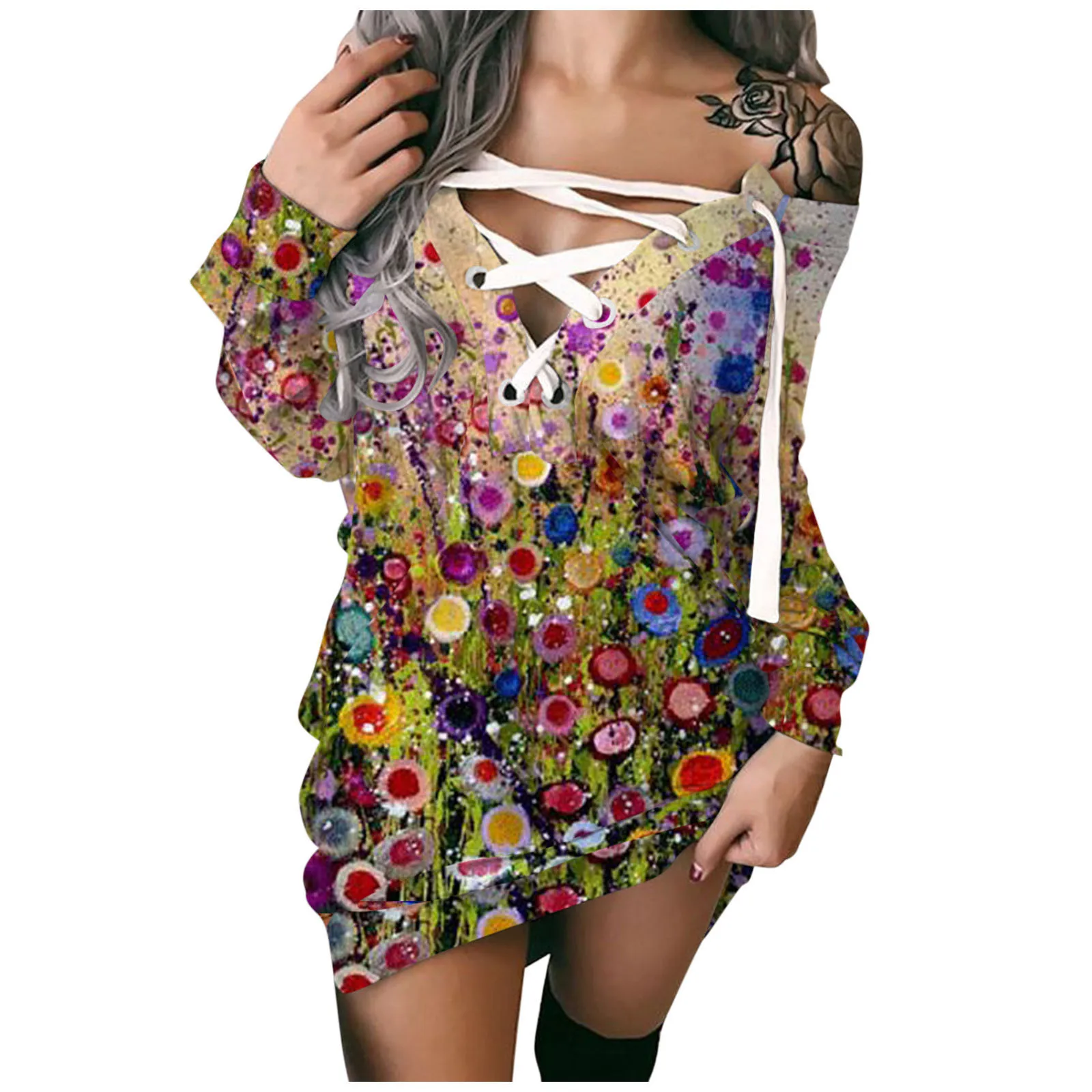 

Women No Cap Sweatshirt Sexy Flower Ladies Long Sleeve Lace Up Gothic Female Trend Casual Sweatshirt Vintage Girl Party Clothing