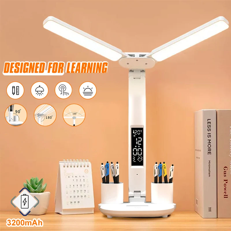 

180°Rotating Desk Lamp LED Double Head Light Multifunction Pen Holder Temperature\Time\Calendar Display for Bedroom Reading Lamp