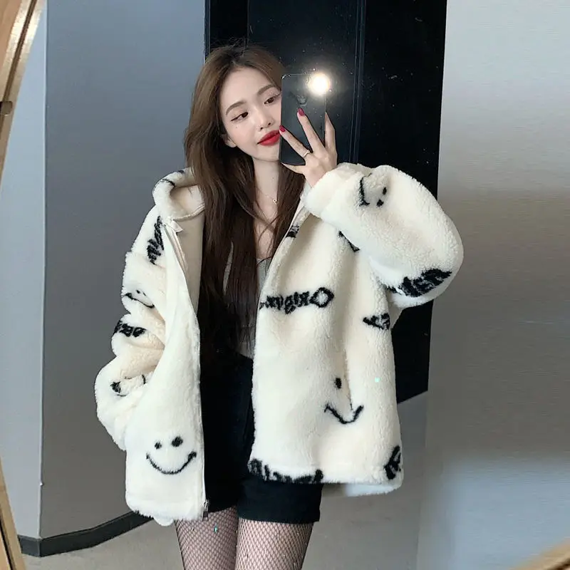 

MINGLIUSILI White Letter Print Hoodie for Women Korean Fashion Oversized Faux Lamb Fleece Cardigan Sweatshirt All-match Hoodie