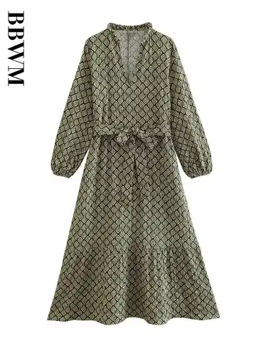 2023 New Women Geometrical Pattern Print Casual Midi Dress Vintage Long Sleeve Female Chic V Neck A Line Dresses Vestidos