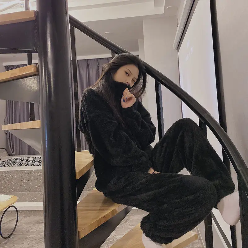 QWEEK Women Winter Pajamas Set Thick Warm Flannel Pijamas Turtleneck Black Gray Solid Color Zipper Pyjamas Couples Homewear Cute