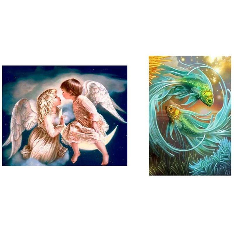 

2 Set Diy 5D Diamond Painting Embroidery Cross-Stitch Rhinestone Home Decor, Animal Fish & Angel Boy And Girl