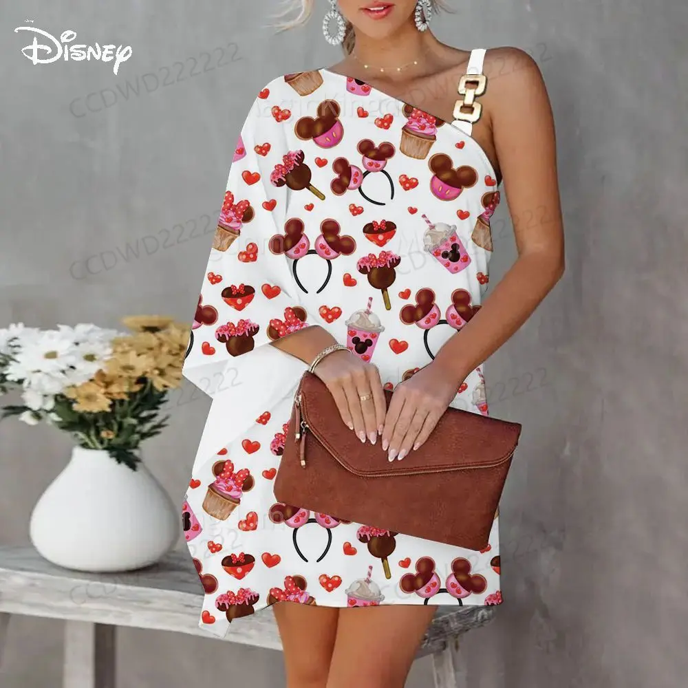 Diagonal Collar Disney Elegant Dresses for Women Mickey Minnie Mouse Mini Dress One-Shoulder Evening Party Luxury Prom 2023 Sexy