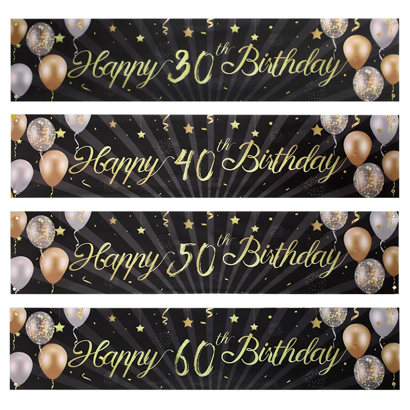 

Black Gold Happy Birthday Banner Balloon Flags Adult 30th 40th 50th 60th Happy Birthday Hanging Anniversary Party Backdrop Decor