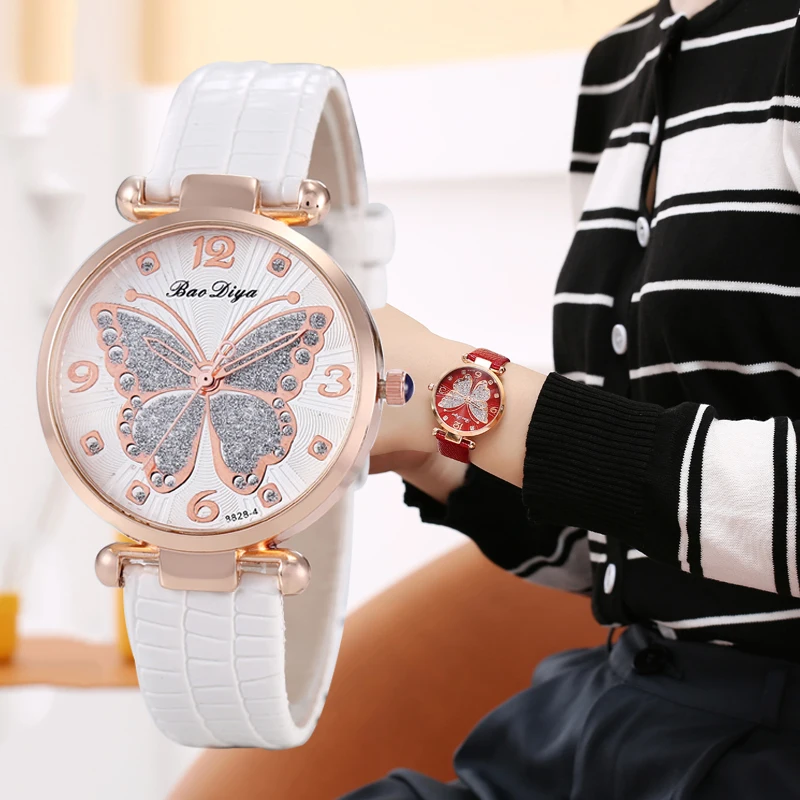 

Luxury Elegant Women Watches Rhinestone Butterfly DialLeather Strap Quartz Watch Ladies Dress Wristwatch