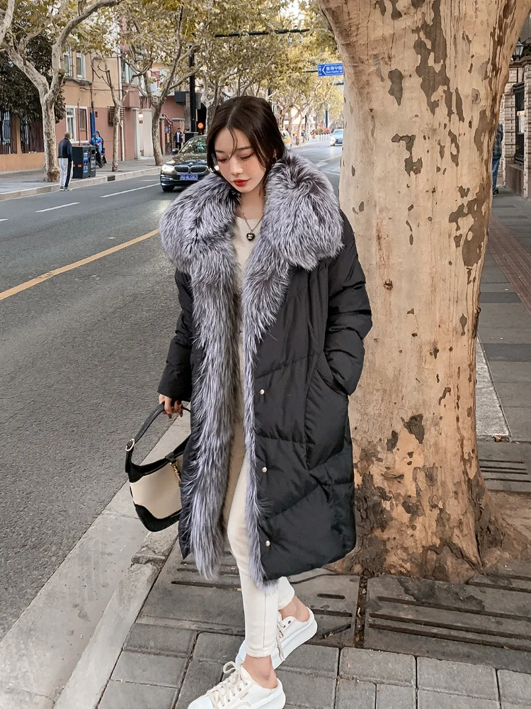 Long Winter White Down Jacket Women 2023 Solid Casual Women's Down Coat With Fur Collar Trim Thick Warm Overcoat Female