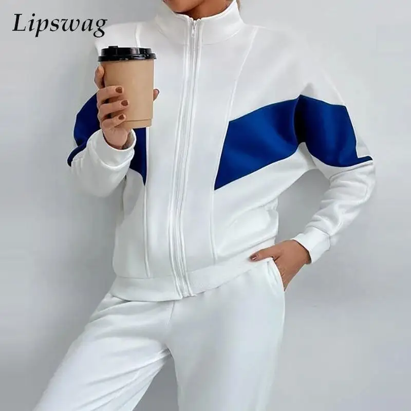 

Fashion Patchwork Stand Collar Zipper Sweatshirt Suit Casual Elastic Waist Pants Outfits Casual Sports Loose Women Set Tracksuit