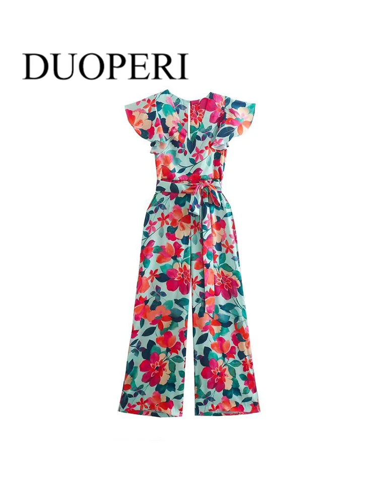 

DUOPERI Women Fashion Print Jumpsuits With Puff Sleeve Vintage Female Playsuits Mujer Chic Outfits