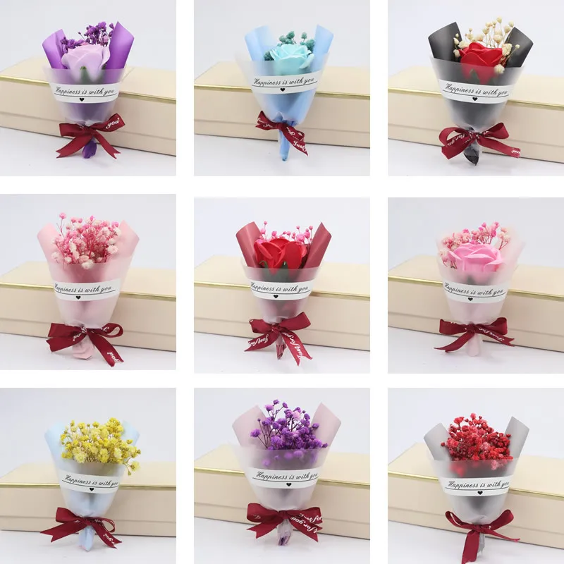 

5pcs Soap Flower Mini Gypsophila Bouquet Valentine's Day Gift Box with Gift Immortal Artificial Flowers Wedding Gift for Guests