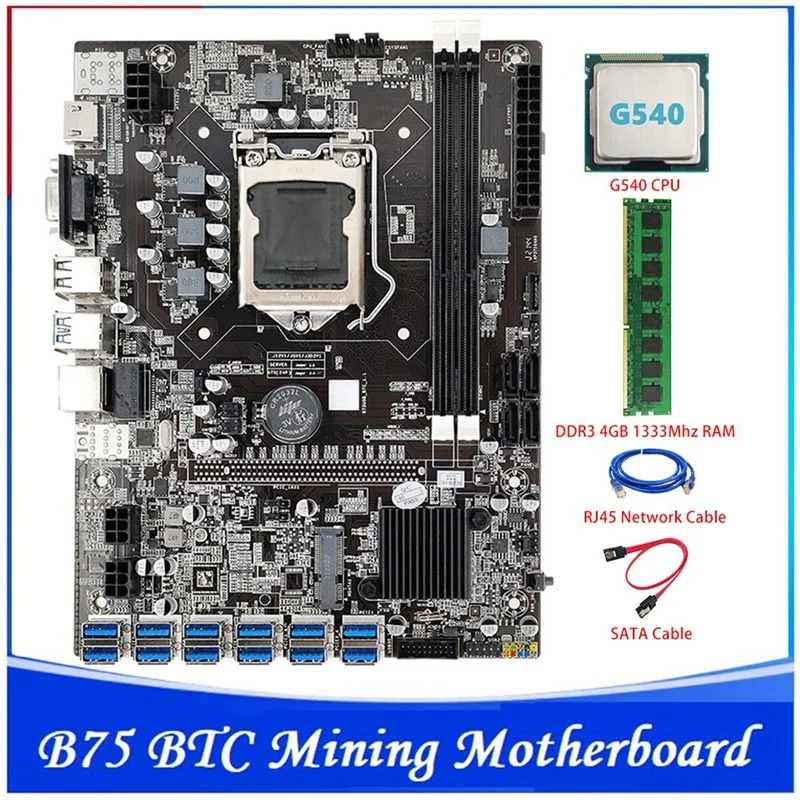 

B75 BTC Mining Motherboard 12 PCIE To USB LGA1155 With G540 CPU+DDR3 4GB 1333Mhz RAM+SATA Cable+RJ45 Network Cable