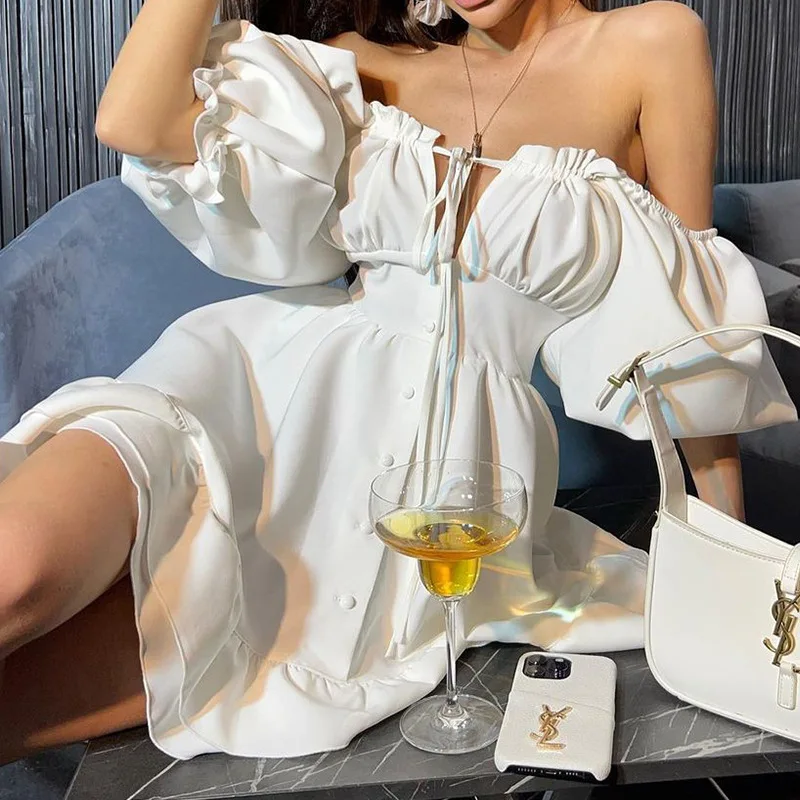 

Wepbel Fashion Cute Sexy Dress Women Pure White Off-Shoulder Knotted Short Dress Off Shoulder Slash Collar Big Swing Dress