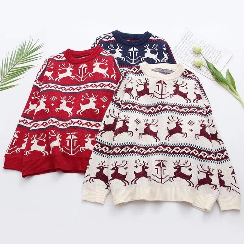 

Женский вязаный пуловер с круглым вырезом, Универсальный мягкий жаккардовый свитер с оленем, Элегантные вязаные свитера с длинным рукавом ...