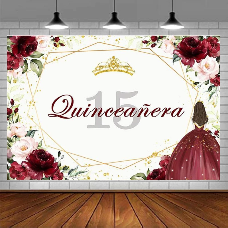 Фон для фотосъемки 15-го дня рождения девочек винного красного цветов Золотая
