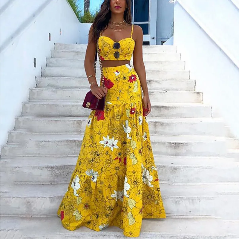 

Floral Print Two Piece Set Women Sexy Spaghetti Strap Crop Top Maxi Skirt Floral Suit Women Summer Dress Sets Vestidos De Mujer