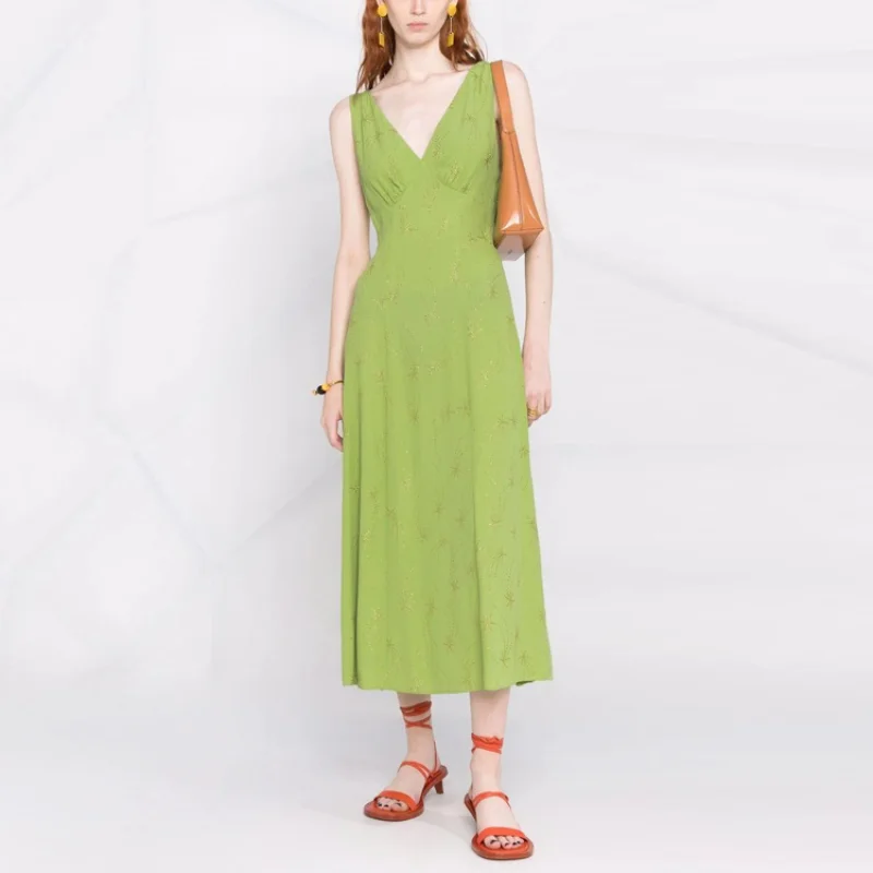 

RIX*O Autumn/Winter New Green Silk Deep V Mid Length Dress 2023 French Vintage European and American Women's Wear