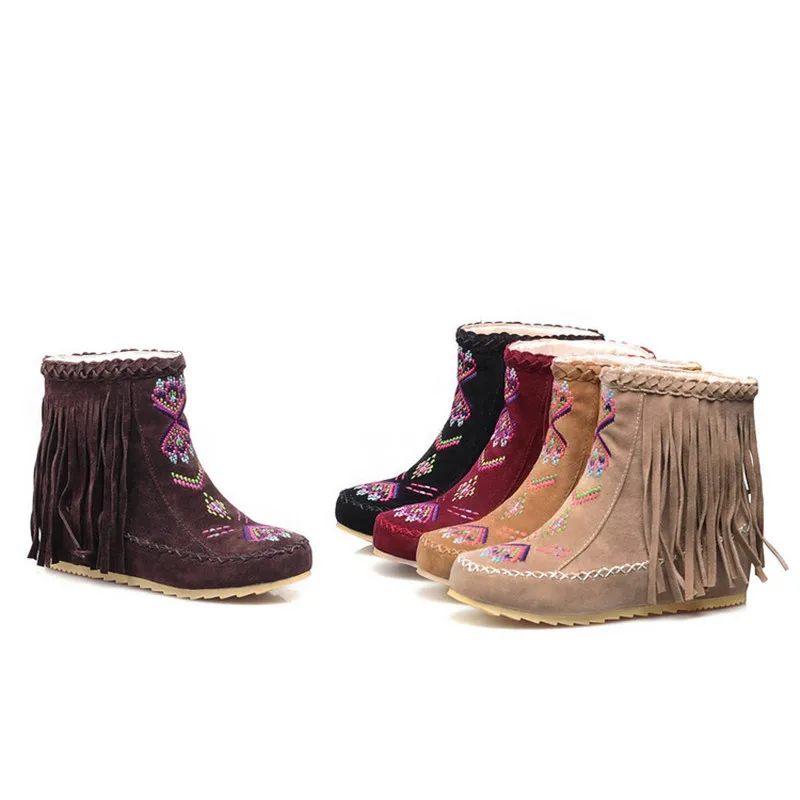 

Ladies Tassel Boots Height Increasing Heels 3CM Winter Round Toe Flock Ankle Shoes Warm Fur Retro Slip-Ons Botas 43-33 New Brand