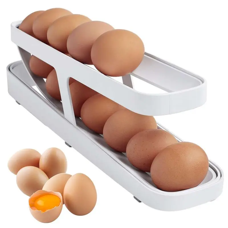 

2 Tier Auto Rolling Egg Container 12-14 Eggs Rack Holds Kitchen Organizer For Pantry Countertop Refrigerator
