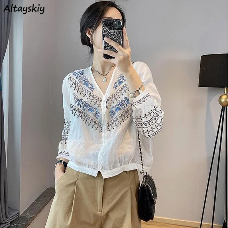 

Shirts Women V-neck Print Loose Thin Design Casual Elegant Streetwear All-match Breathable Korean Style Ins Рубашки Retro Cozy