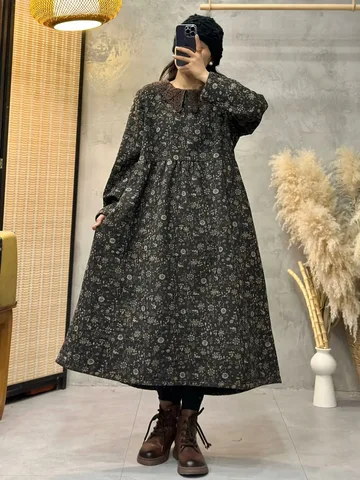 Платье YoYiKamomo женское длинное с цветочным принтом, модное свободное флисовое платье А-силуэта, теплая одежда в ретро стиле, Осень-зима 2024