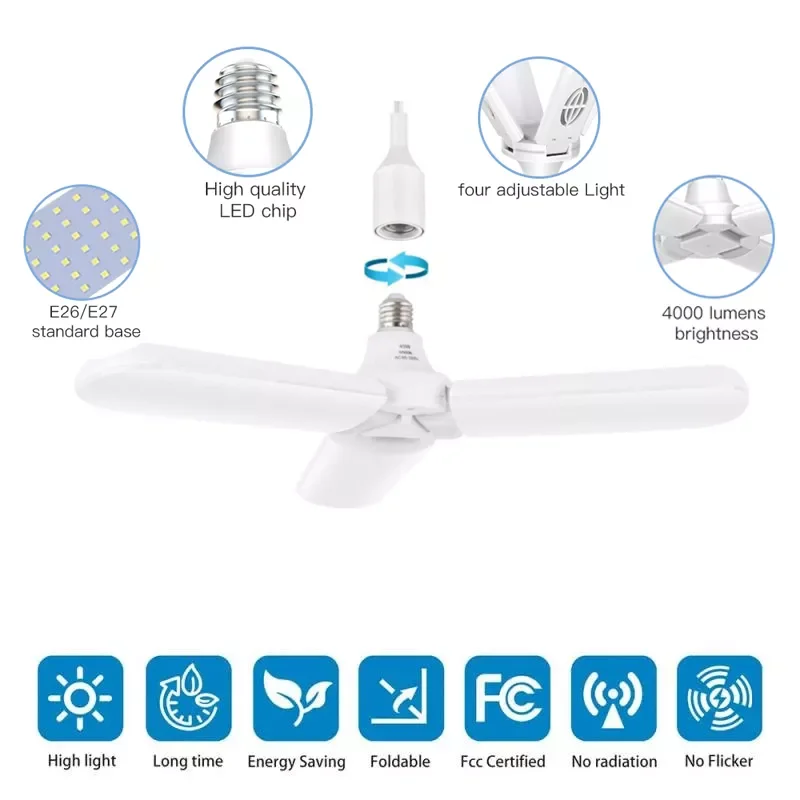 

30W LED Garage Lights Foldable E27 Bulb Adjustable Fan Blades Deformable Workshop Warehouse Ceiling Lighting 3000K AC170-265V