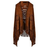 suedette v neck front open fringe sleeveless cardigan gilet vest with punch hole patterns for ladies dropshipping