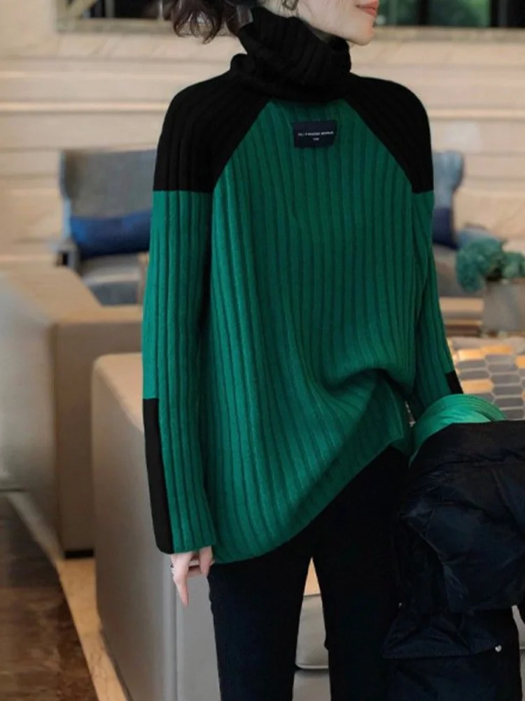 

2023 Fashion Tops Women Oversized Sweater Women Autumn Winter New Green Turtleneck Long-sleeved Pullover Korean Fashion Tops