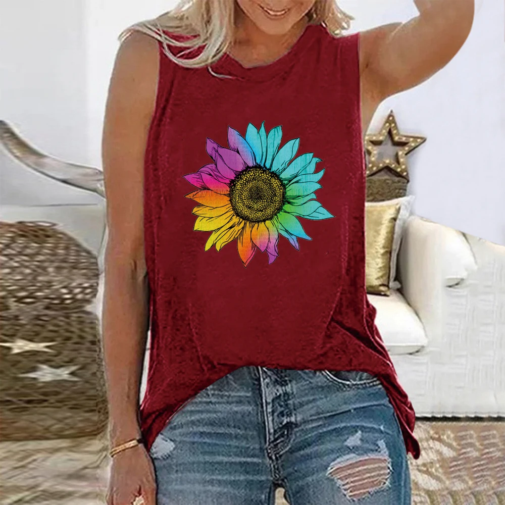 

Women Summer Tees Tops Vintage Ladies Vest 2022 Colorful Sun Flower Sunflower Top Print Harajuku Casual Sleeveless Loose T-shirt