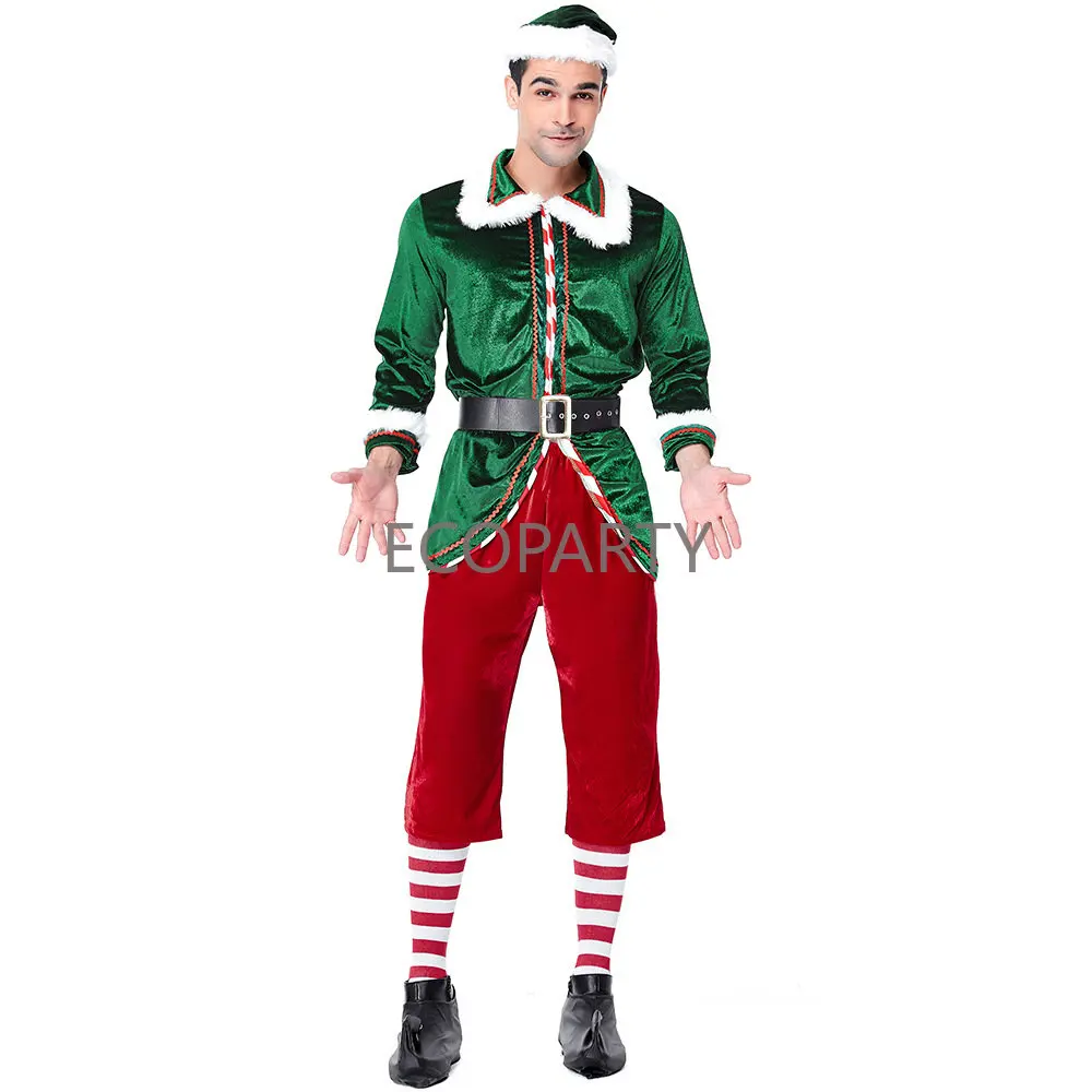 

Men Christmas Santa Claus Costume Green Elf Cosplay Family Christmas Party New Year Fancy Dress Clothes Set For Adult