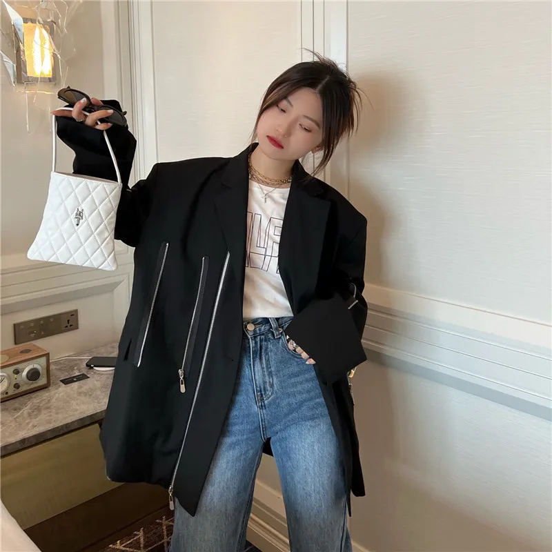 

Vintage Zipper Decoration Black Blazers Outwear Women Spring Autumn Casual Korean Notched Collar Long Sleeve Female Suit Jacket