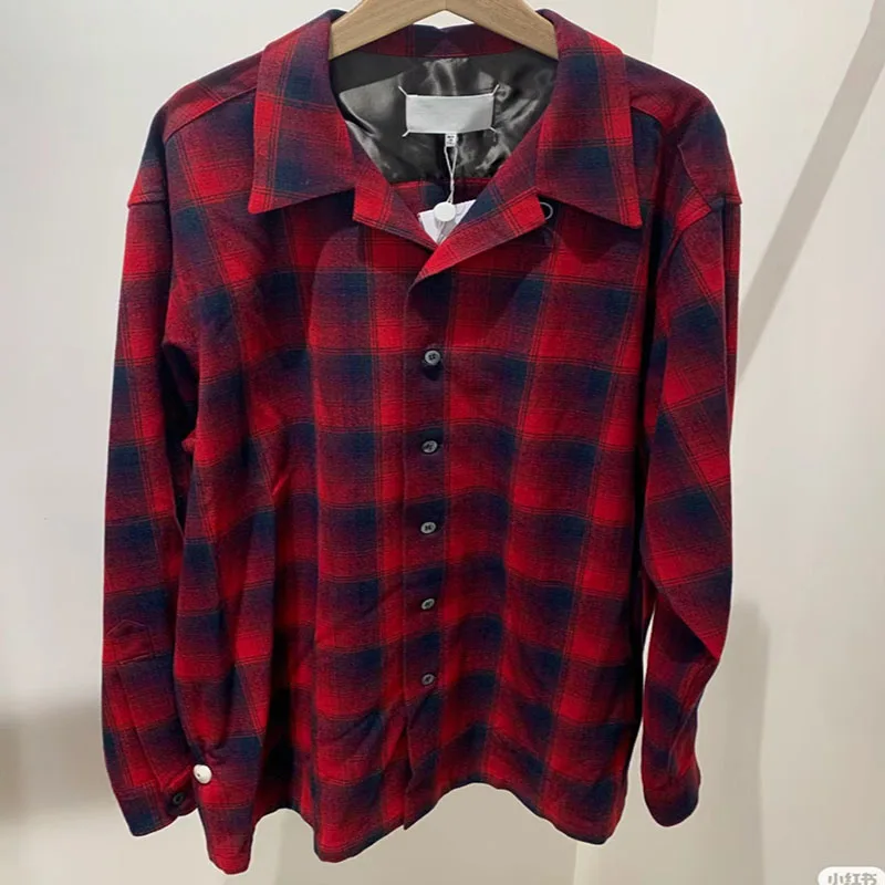 

MM6 Long Sleeve Shirt Pure Cotton Plaid High Street Button Embroidery Large Couple Long Sleeve Shirt