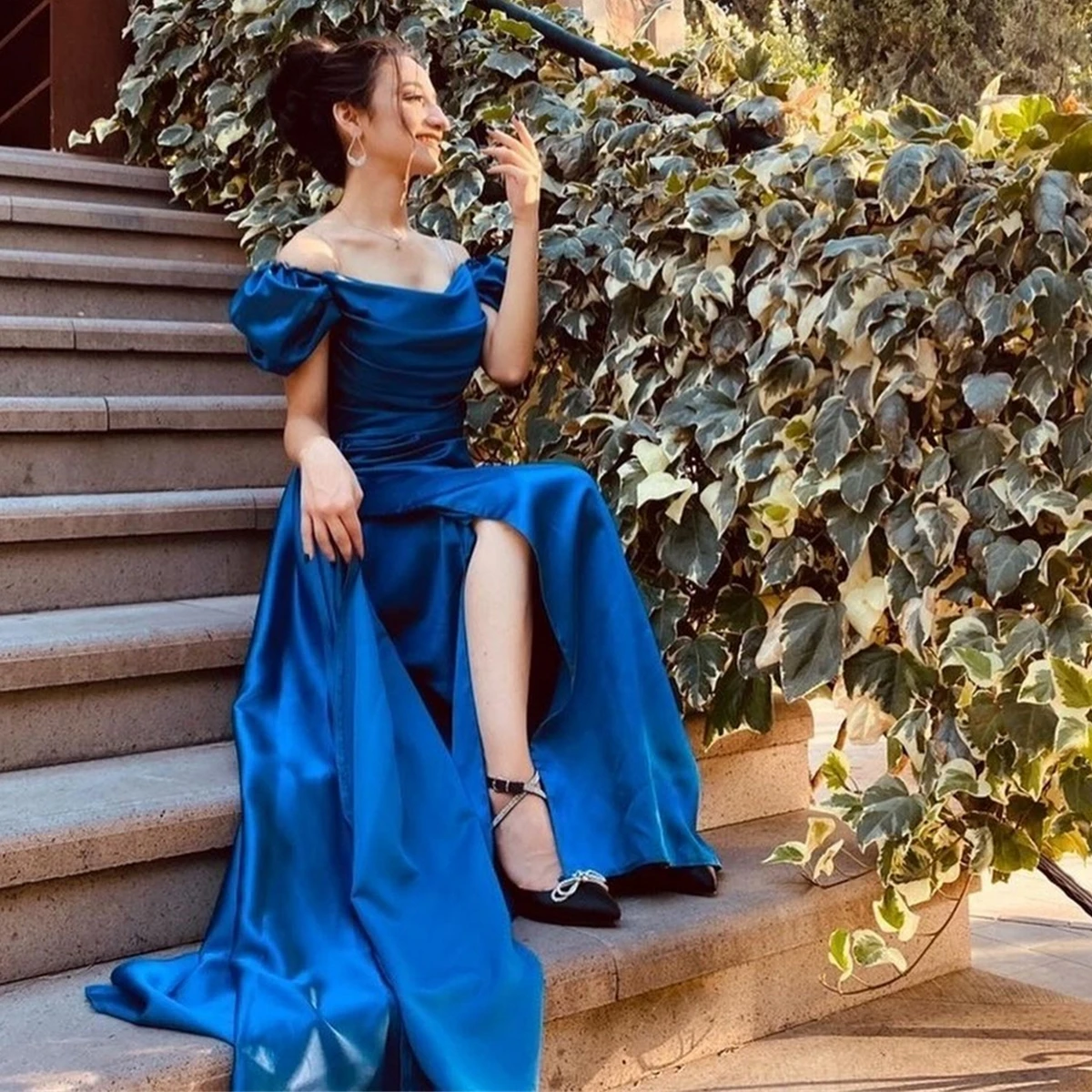 

5Noble Boat Neckline Prom Gown Club Cocktail Sleeveless Formal Off the Shoulder Party Ruched Lady Slit Evening Dress