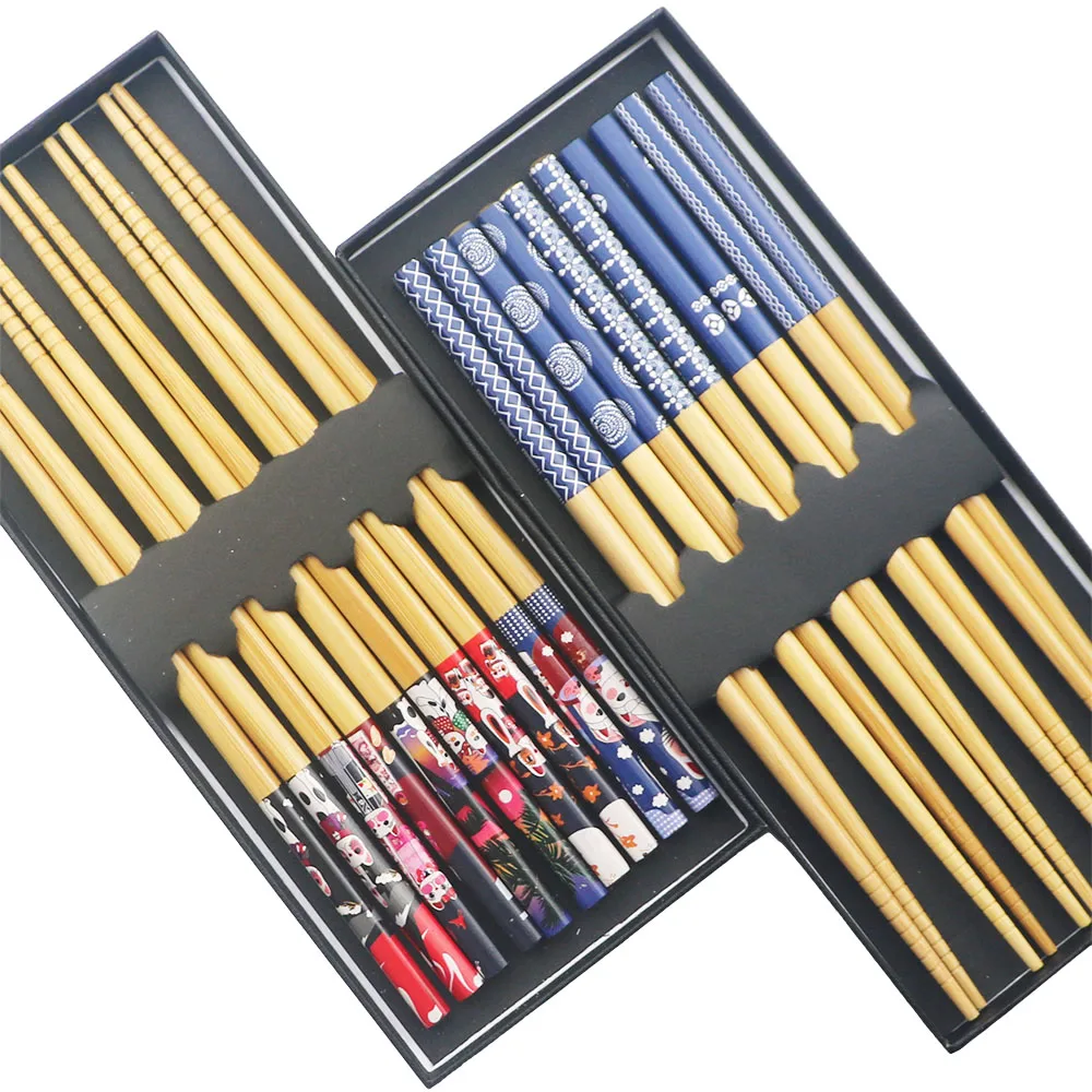 

JANKNG 5 пар 23,5 см натуральные деревянные палочки для еды многоразовые бамбуковые японские суши Хаси палочки для еды синие красные палочки для ...