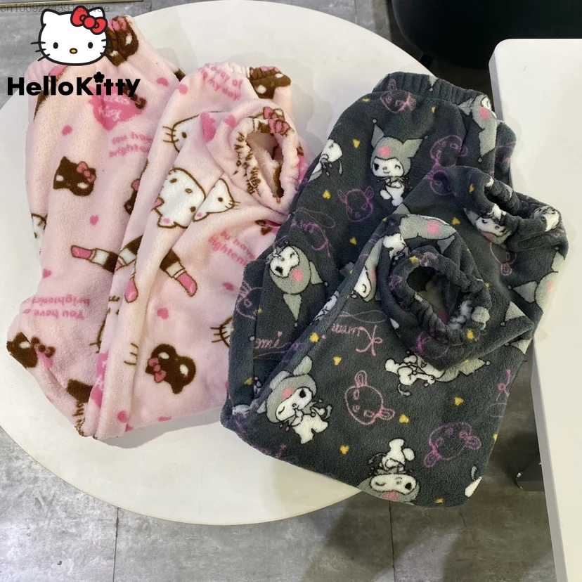 

Sanrio Hello Kitty Kuromi Pjs Pajamas Home Pants Autumn Winter Warm Plush Pink Long Pant Y 2k Harajuku Velvet Sleepwear Trousers