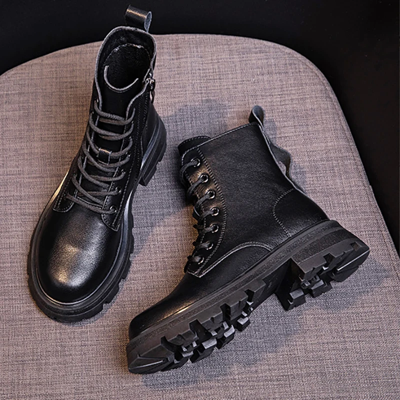 

Autumn British Style Ankle Boots for Women Round Toe Side Zipper Lace-Up Platform Boots Chunky Heel Casual Punk Shoes Woman