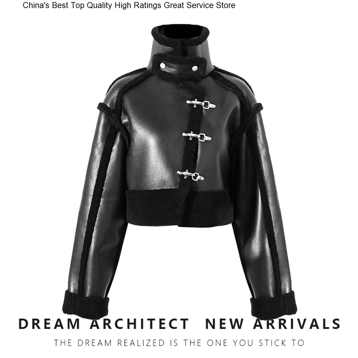 

integrated Motorcycle style thick fur coat Women's 2023 Autumn/Winter stand-up collar short aircraft buckle design top