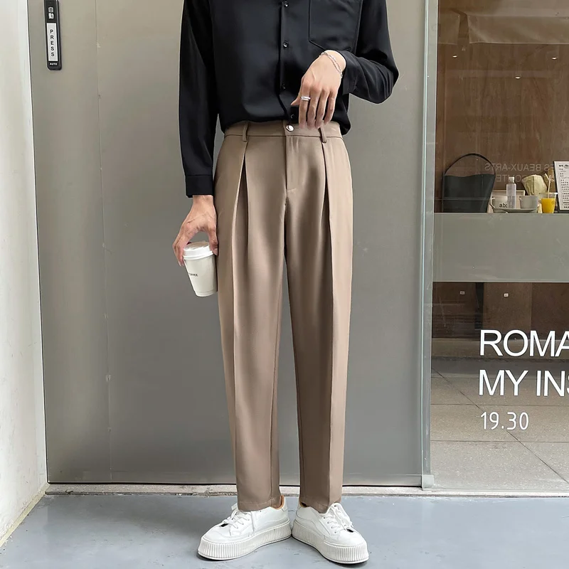 

Мужские прямые деловые костюмы, свободные офисные брюки, модные повседневные строгие брюки, мужские брюки, кофейные корейские черные облегающие